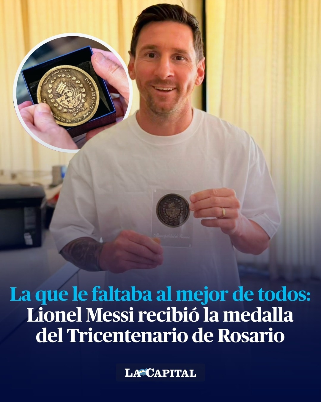 阿根廷媒体《首都报》消息，梅西￼于本周一荣获罗萨里奥建城300周年纪念奖章，该奖