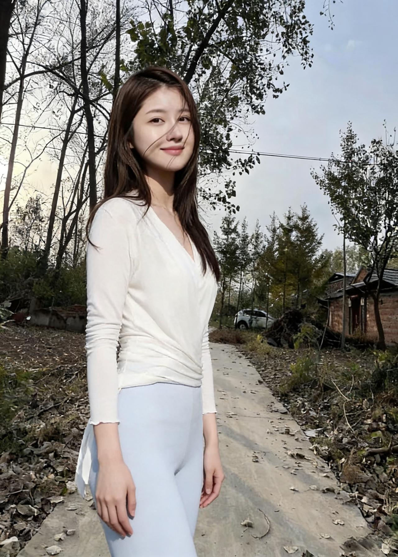 郊野的风扯动她的发梢
枯树叶在脚边打旋
白衫裹着轻盈的骨相
浅蓝裤装，漾着温柔的