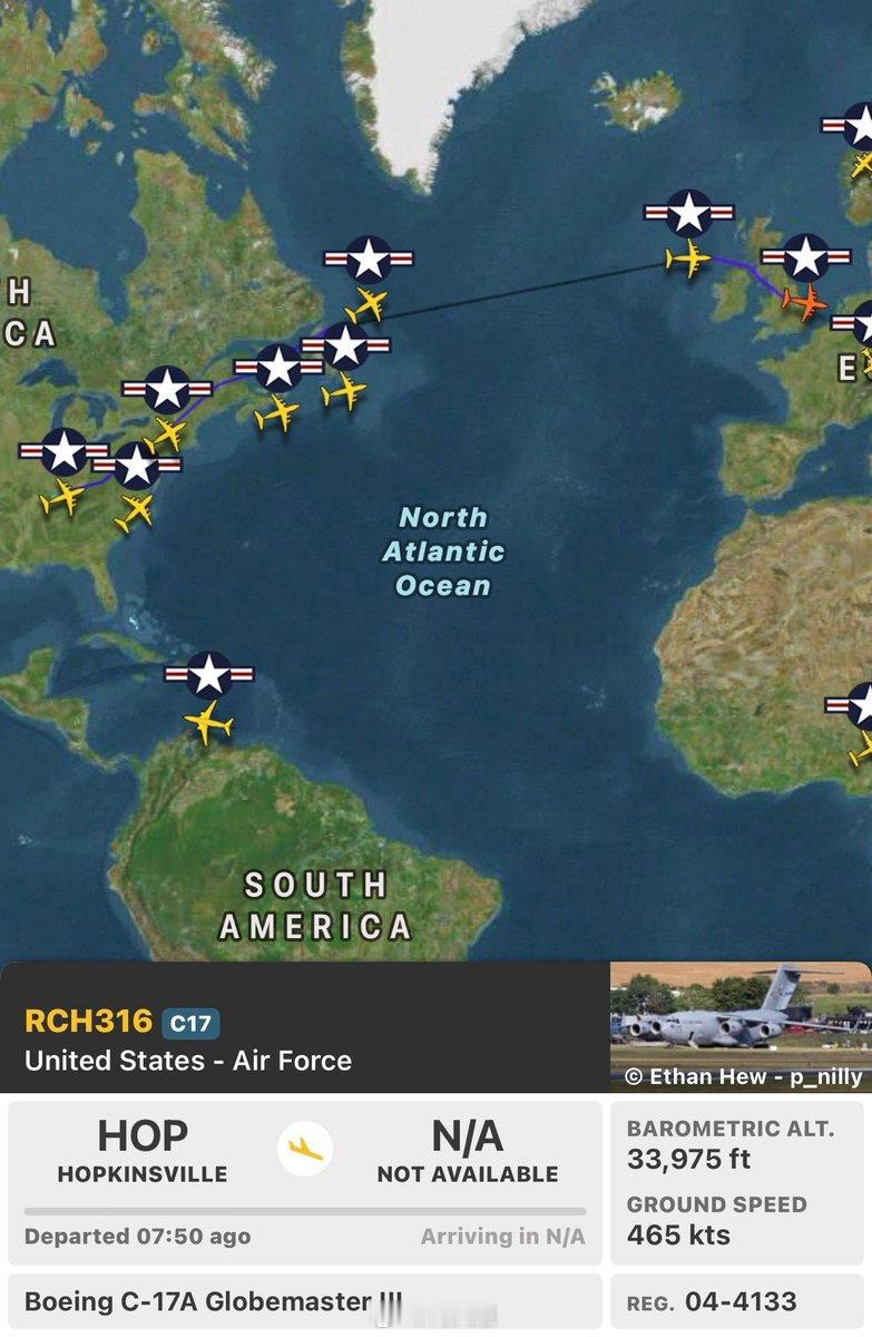 重大军事行动：又一波武器和装备正通过大西洋运往中东。至少有 8 架大型 C17 