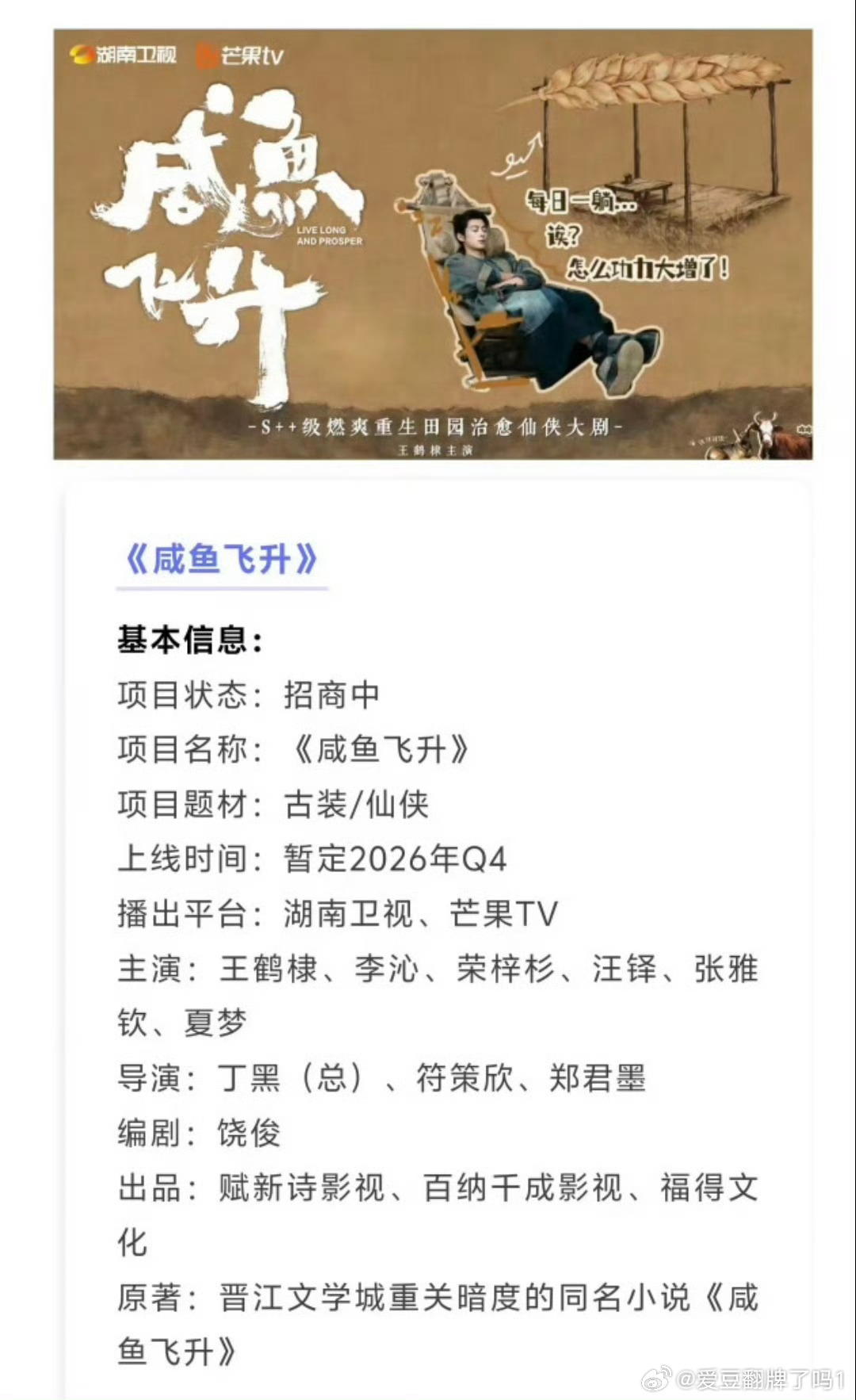 王鹤棣新剧《咸鱼飞升》开启招商了，预计Q4于湖南卫视 芒果TV同步播出，燥候王鹤