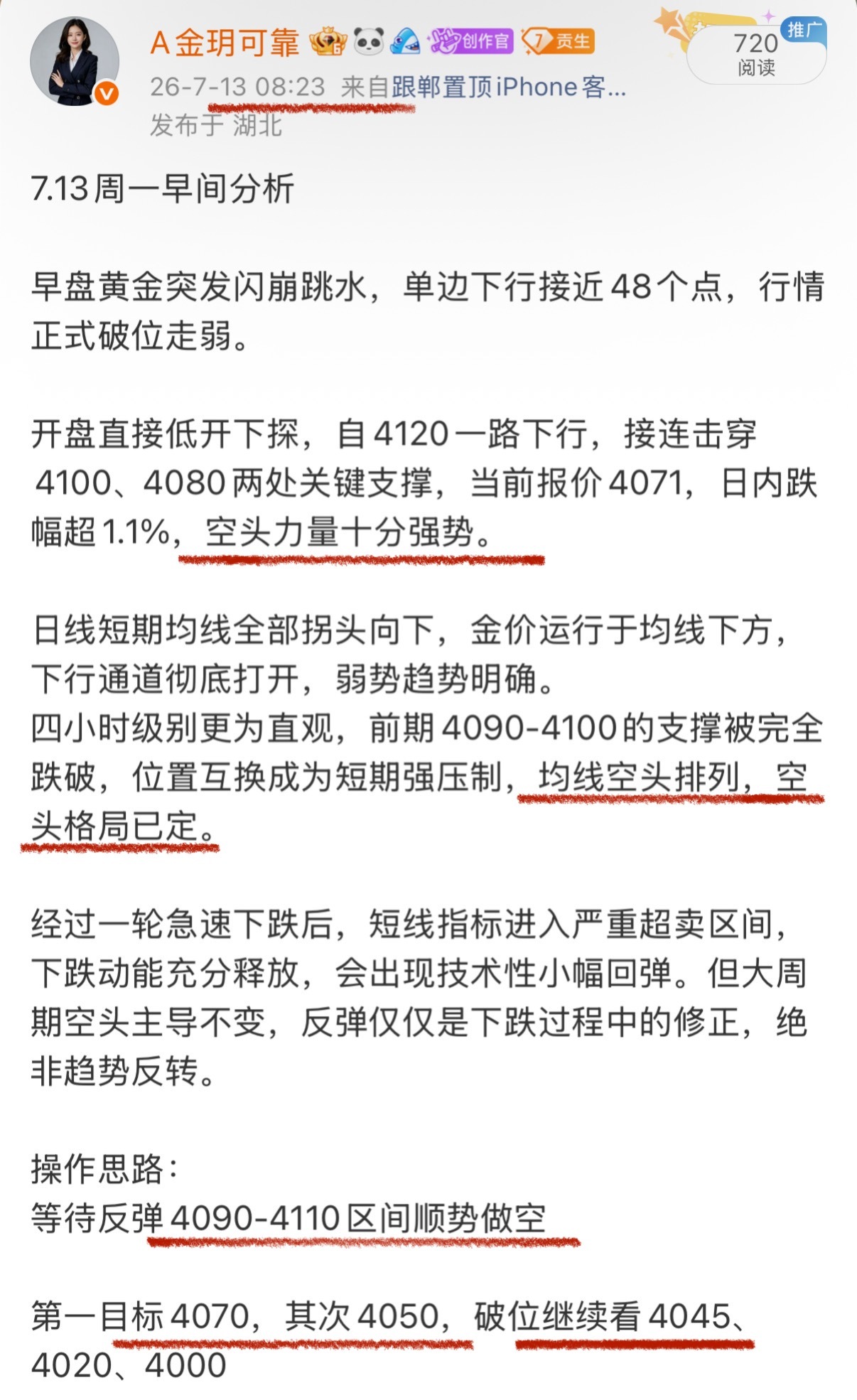 昨晚今早都已表明空头趋势强  顺势空即可思路兑现一路南下黄金伦敦金现货黄金金价