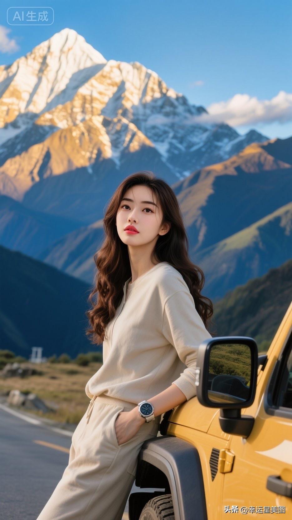 在雪山前，她靠在车上，风景美如画。