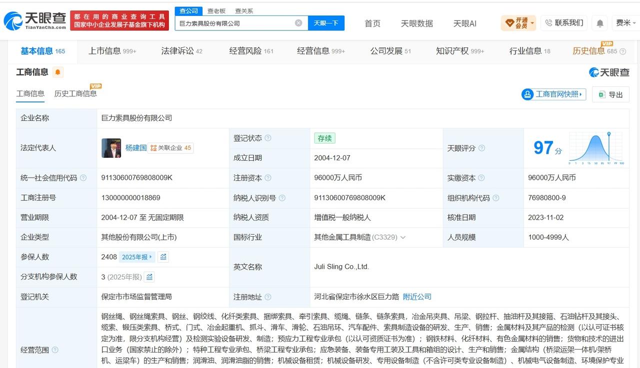 巨力索具旗下超十家企业已注销
巨力索具对外投资超20家企业巨力索具因误导性陈述被