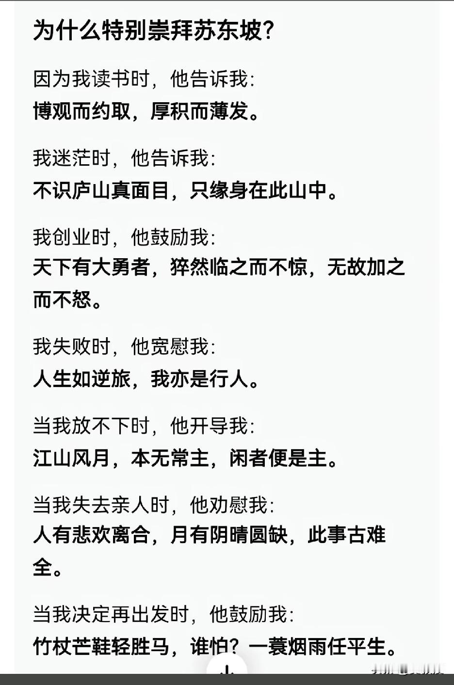 他一生颠沛流离，受尽磨难
却依然乐观豁达，把日子过得有滋有味
竹杖芒鞋轻胜马
谁