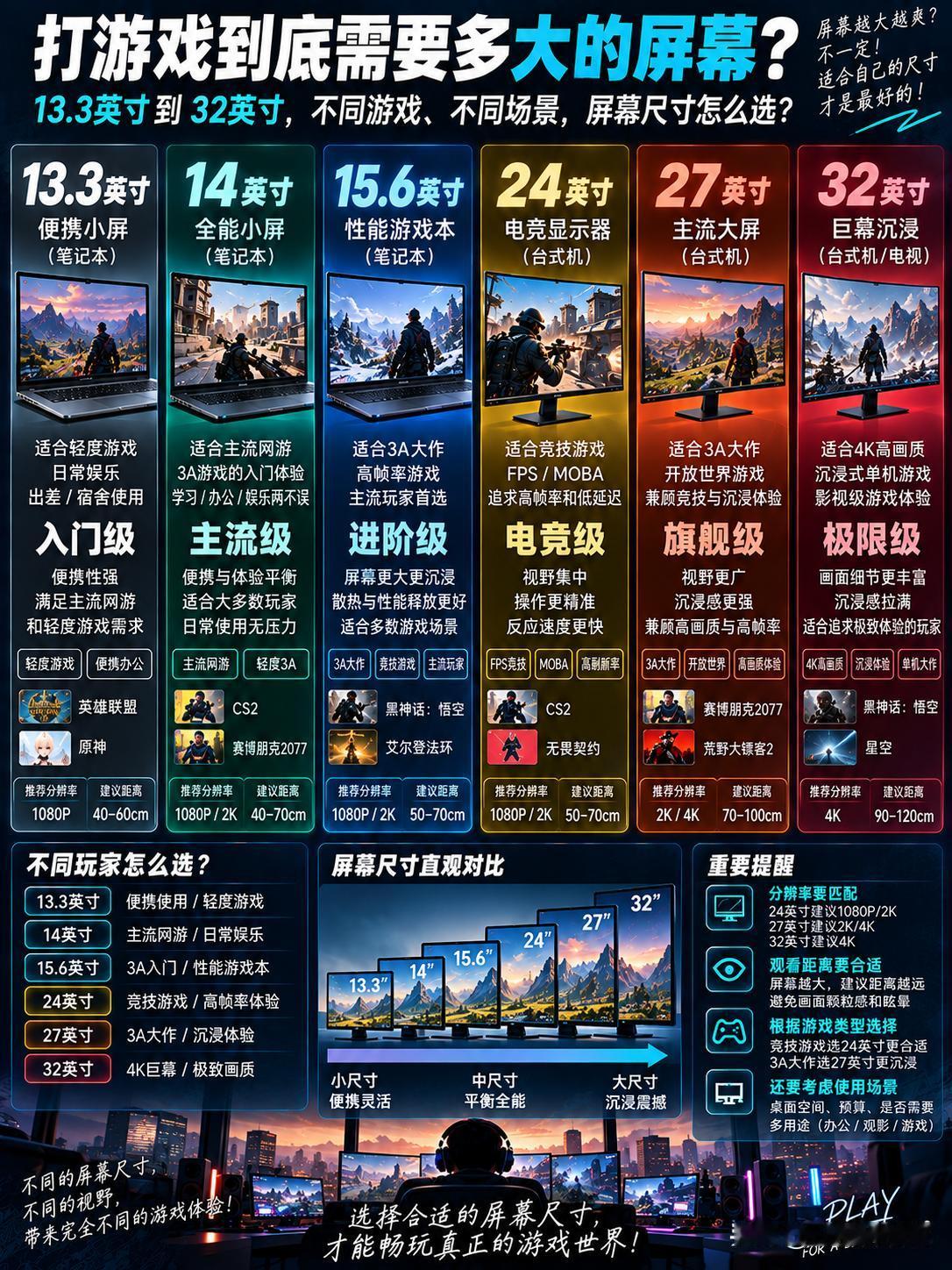 打游戏到底需要多大的屏幕？一图给你讲清楚。

很多人买游戏本、显示器，总觉得“屏