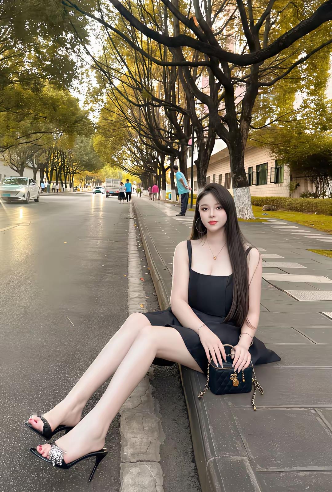 秋日漫步，优雅街拍，黑裙与高跟鞋的完美搭配