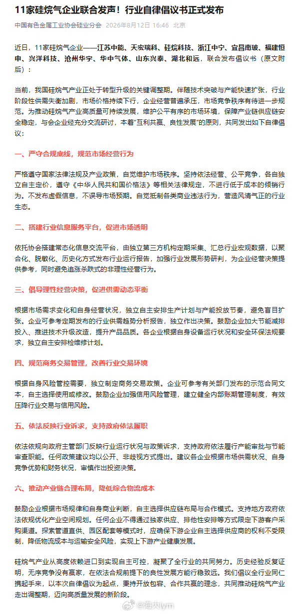 11家硅烷气企业联合发声！行业自律倡议书正式发布（中国有色金属工业协会硅业分会）