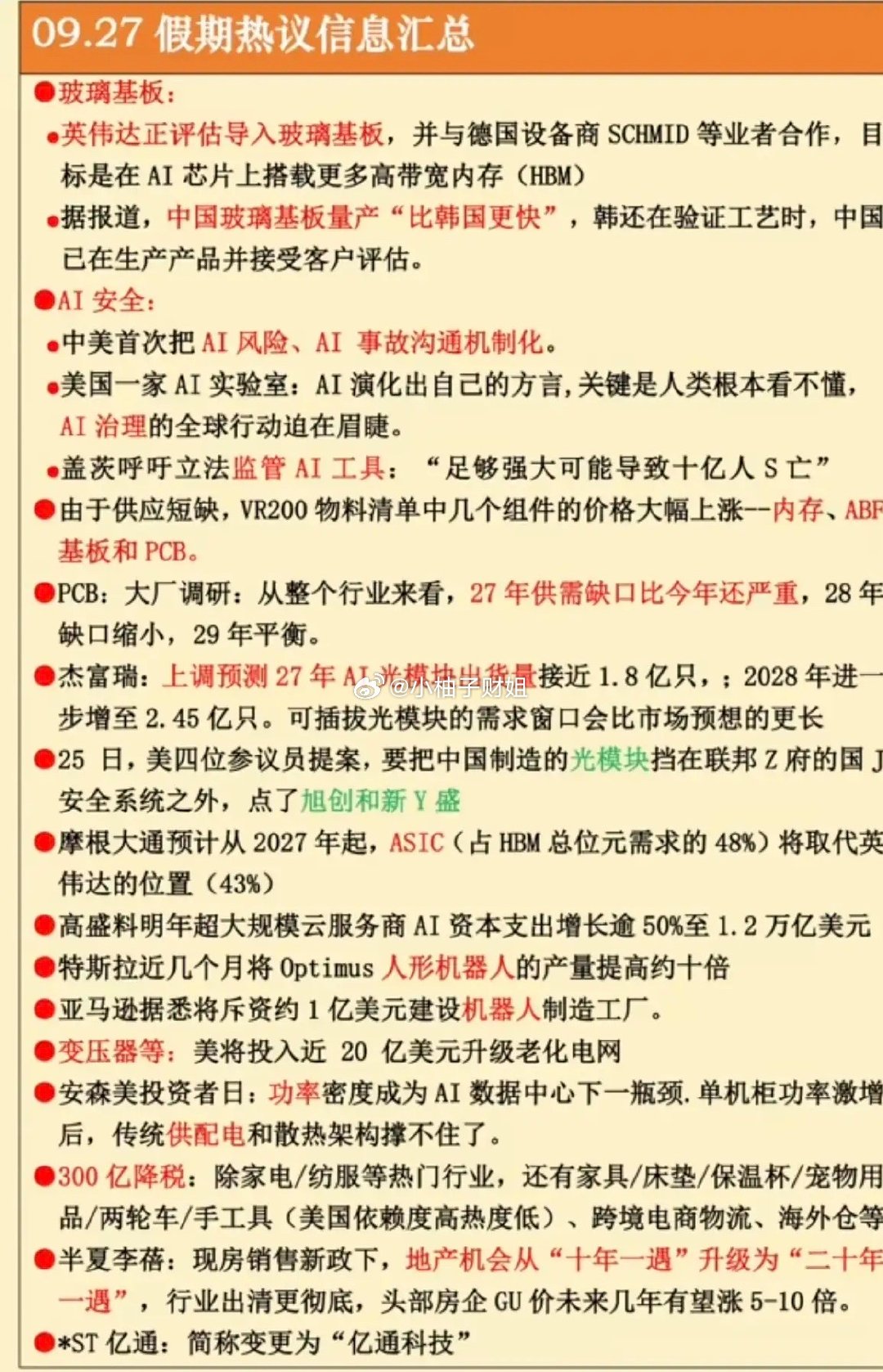 9.27周日  假期：财经热点信息汇总！1.玻璃基板，英伟达2.网络安全，AI安