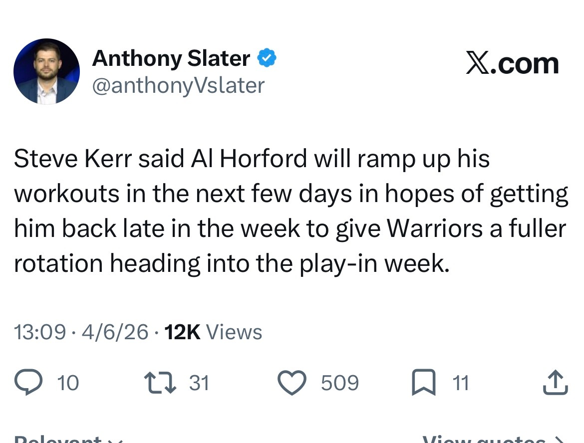 史蒂夫·科尔表示，艾尔·霍福德将在接下来的几天里加强训练，希望能让他在这周晚些时