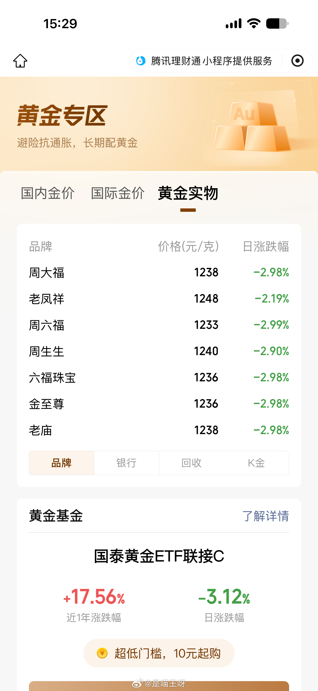 金条克价从1600跌到970有涨有跌停，正常，我倒还希望金价能再跌跌，到现在五金