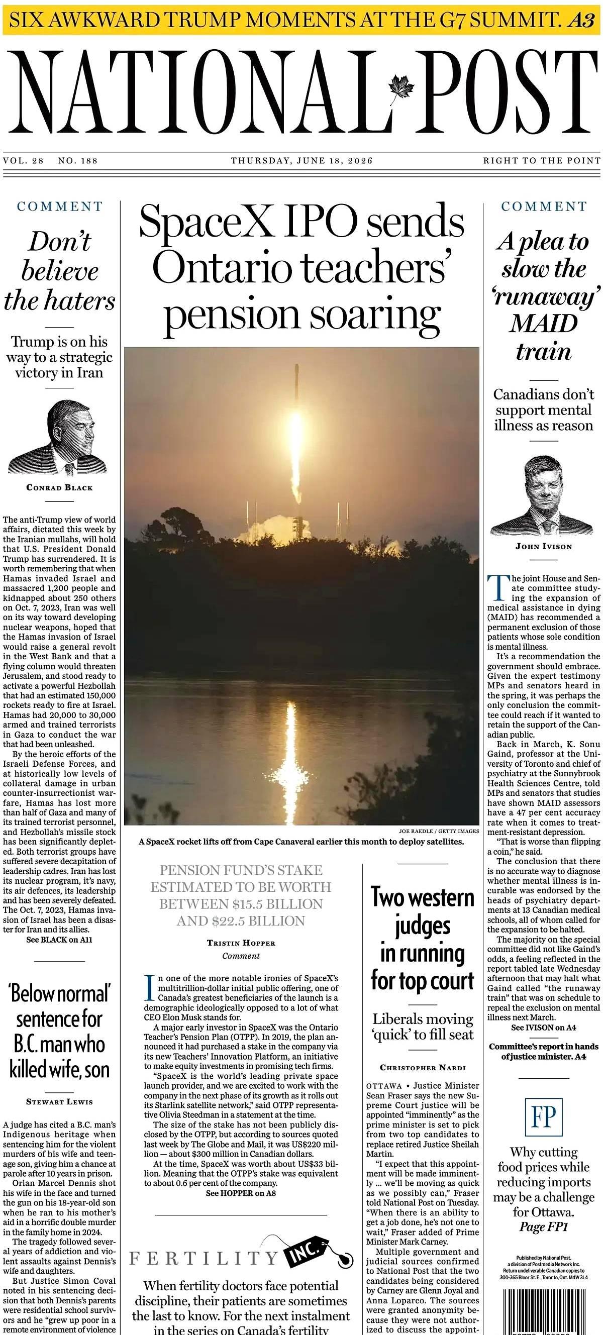 加拿大《国家邮报》头版报道称，SpaceX首次公开募股
安大略的老师们平时在讲台