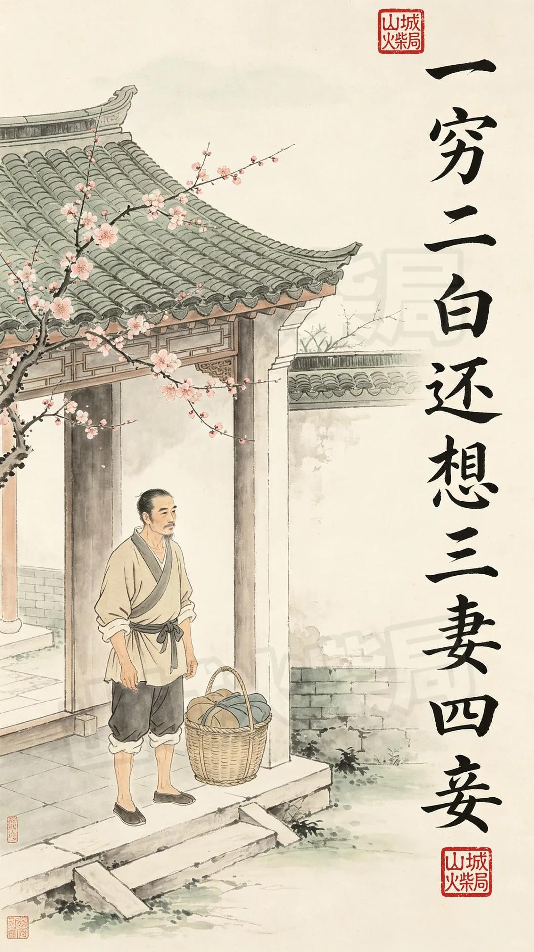 才子佳人们，请对下联！

上联：一穷二白还想三妻四妾
下联：_______？诗友
