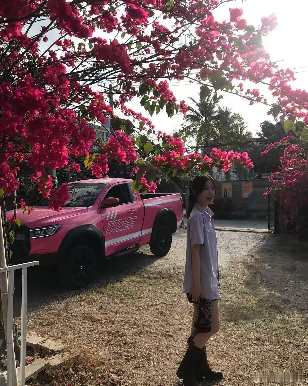 虞书欣[超话]虞书欣泰国校服造型虞书欣穿泰国校服 虞书欣ins更新，花树下的虞书