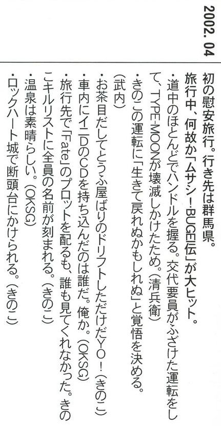 2002 年 4 月TYPE-MOON团建趣事OKSG带了《头文字 D》的CD，