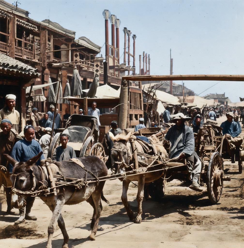 清末，北京前门大街，尘土飞扬的街道上，骡马车、人力车川流不息，达官贵人的马车帷幔