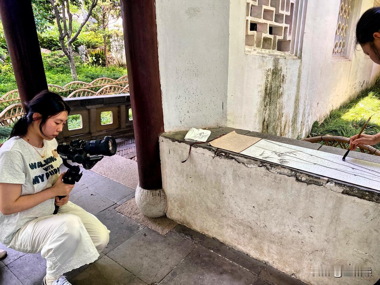 沧浪亭金竹林前，一位美女现场画竹，一位美女持机现拍，两位都很投入，好像也很专业。