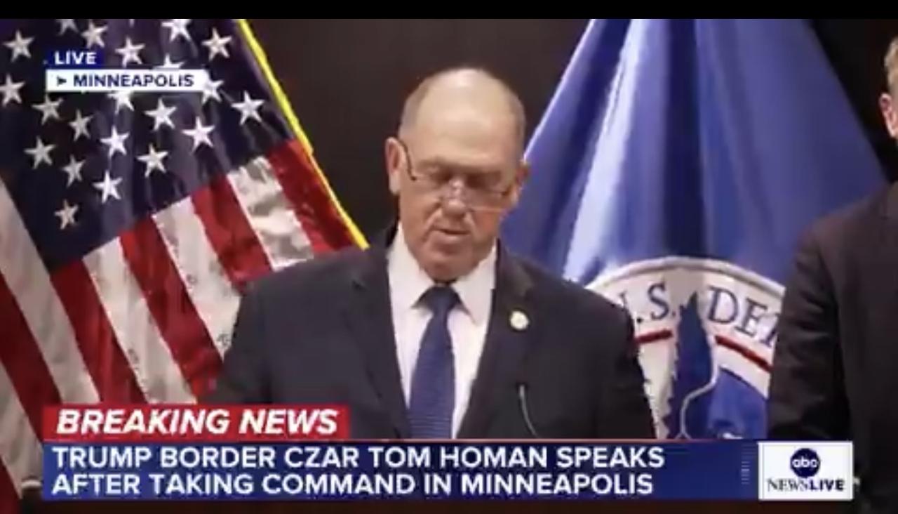 美国边境沙皇汤姆·霍曼宣布与明尼苏达州民主党官员达成协议，将对公共安全构成威胁的