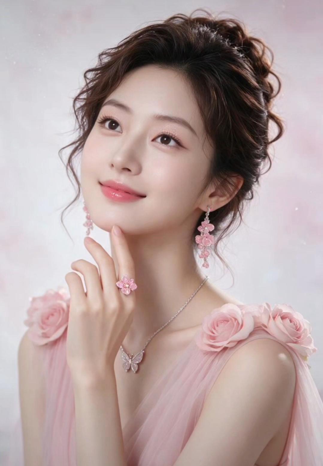 甜美少女风，粉色花朵耳环，优雅气质满满