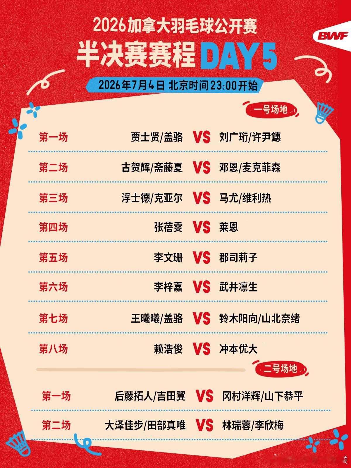 2026年加拿大羽毛球公开赛 半决赛赛程🔥第五日赛程 晚上十一点开打🏸焦点战
