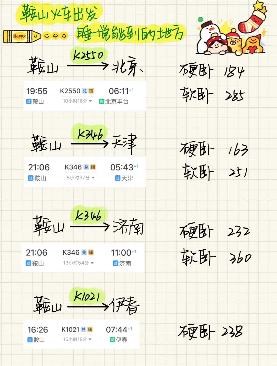 鞍山🚄直达 卧铺一夜可达城市