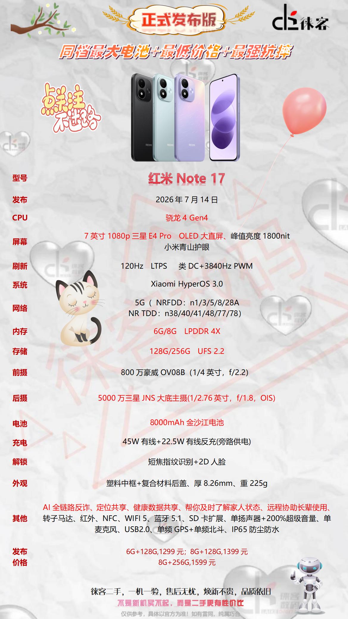 一图看懂红米note17配置参数红米 红米note17