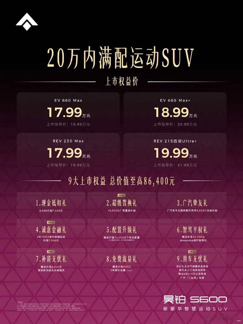 昊铂S600上市权益价17.99万起满配超值昊铂的新车，S600正式上市权益价1