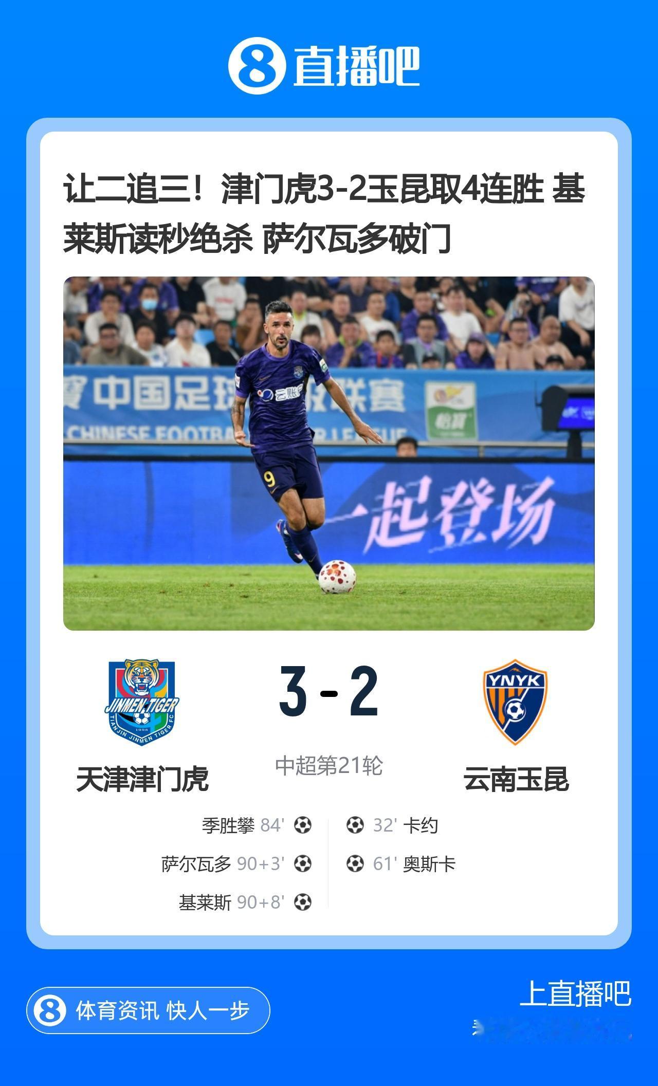 申超第21轮（周六）赛况：
天津津门虎3 - 2战胜云南玉昆
上海海港0 - 1