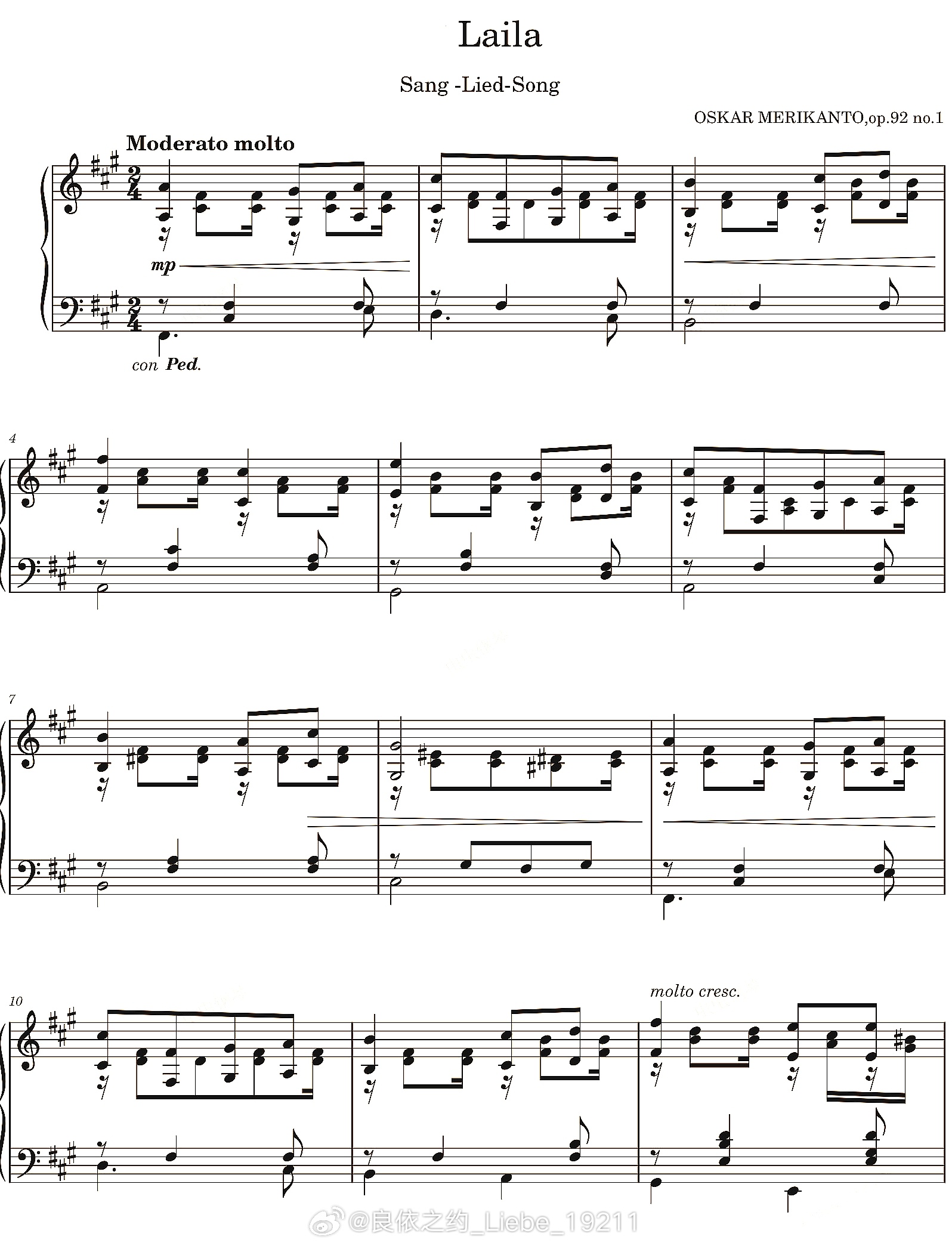 钢琴谱：Oskar Merikanto《梅利康托》Op.92 No.1；钢琴 钢