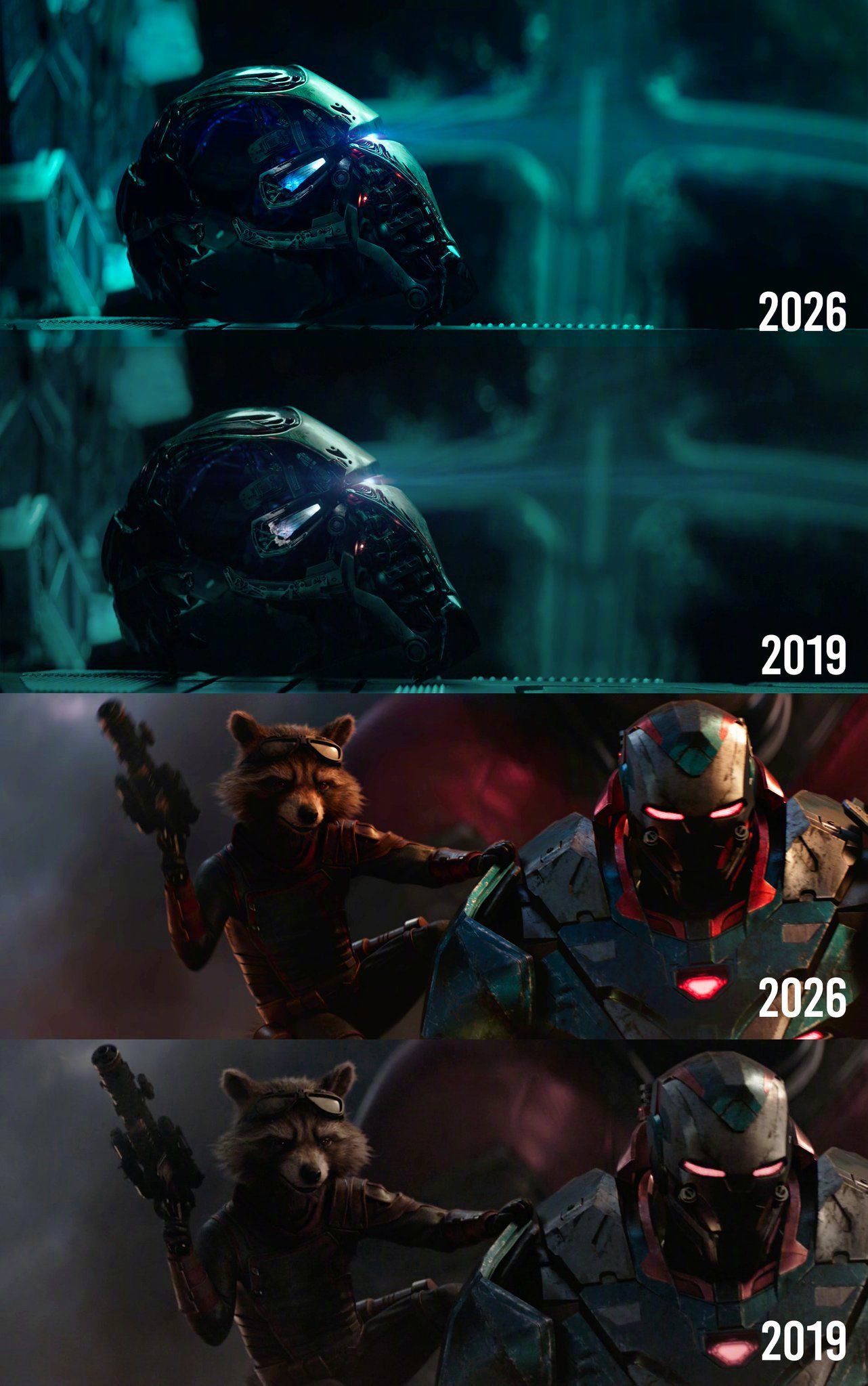 经网友MarvelSpoiler对比，《复仇者联盟4：终局之战》重映版的调色似乎