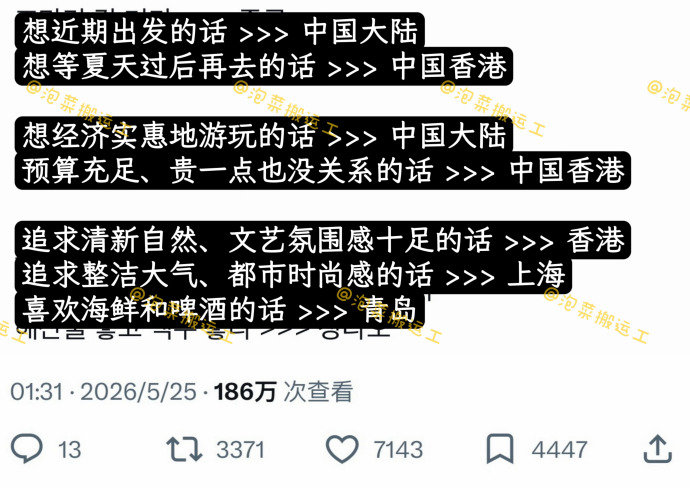 韩国人推荐的中国旅行地山海辽阔，烟火万千。越来越多韩国游客偏爱中国小城与都市，摩