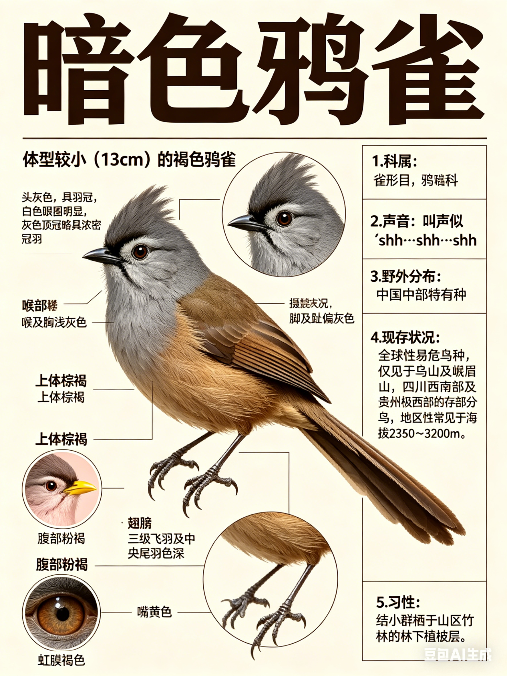 鸟类朋友图鉴 暗色鸦雀·科属：雀形目，鸦雀科。·外形特征：体型较小（13cm）的