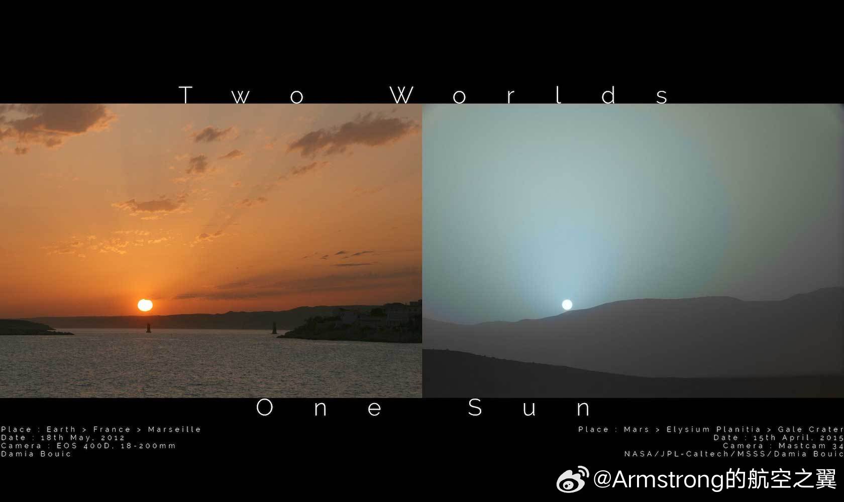 火星日落的真实照片 火星日落呈现独特的蓝色，这是由火星稀薄大气中富含的微细红色尘