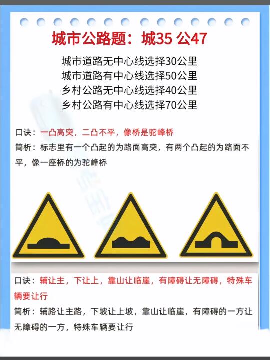 城市公路题：城35公47 城市道路无中心线选择30公里 城市道路有中心...