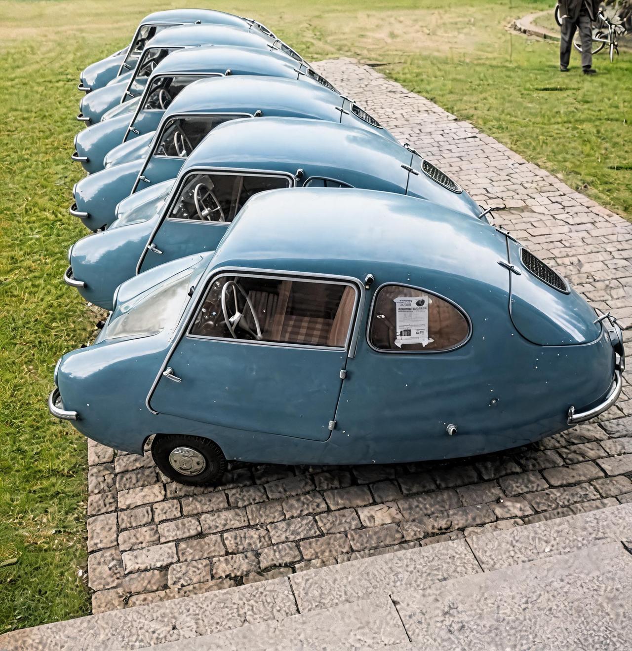 这是1954年瑞典乌普萨拉街头停着一排微型小汽车。这种微型小汽车与现在的那种稍大