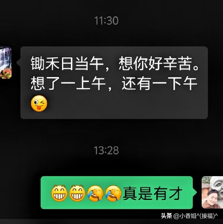 真是不服不行，我的网恋大哥都会玩梗了，比我强太多了…

“锄禾日当午，想你好辛苦
