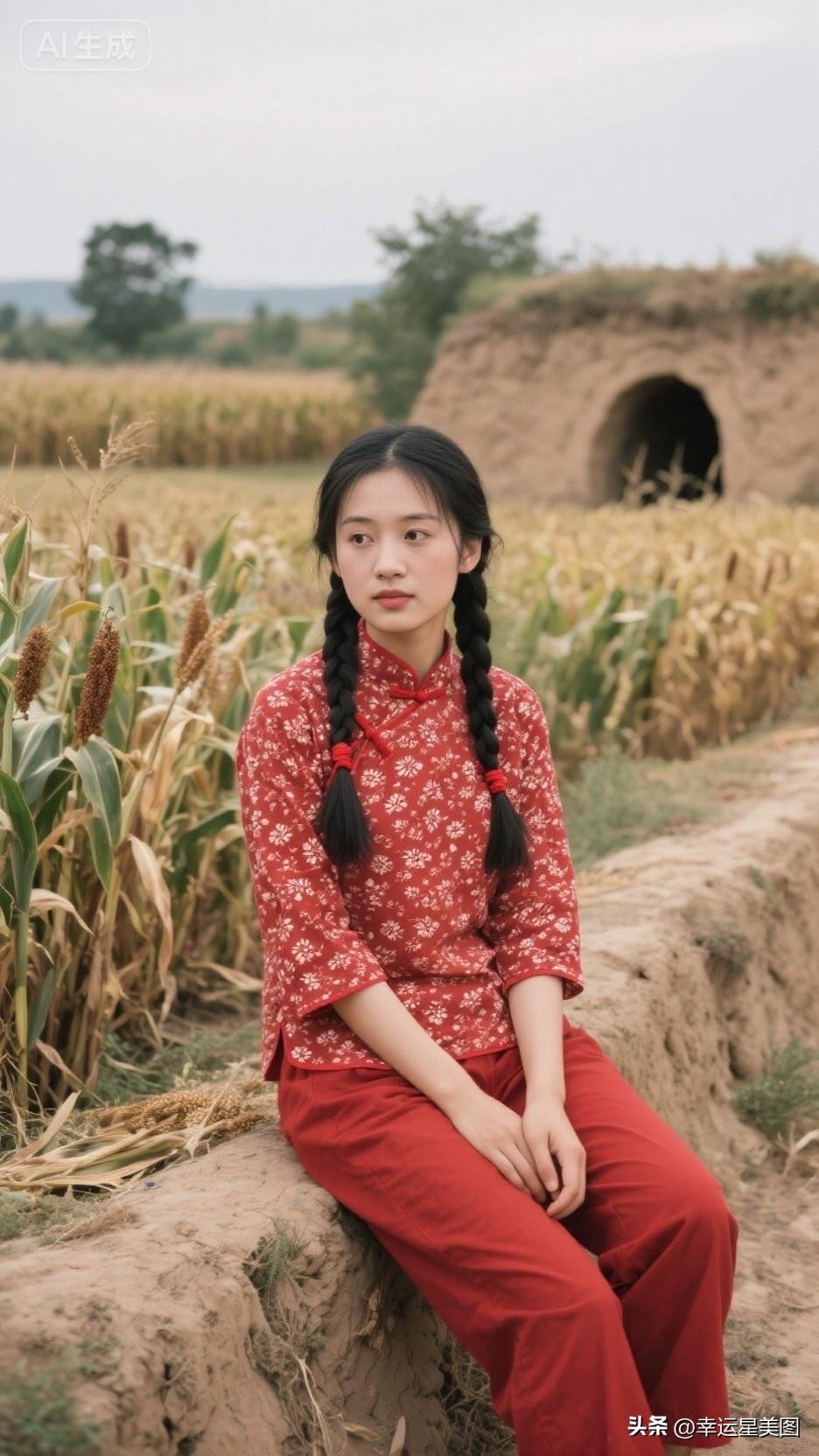 一位姑娘坐在田间地头，穿着红色衣服。