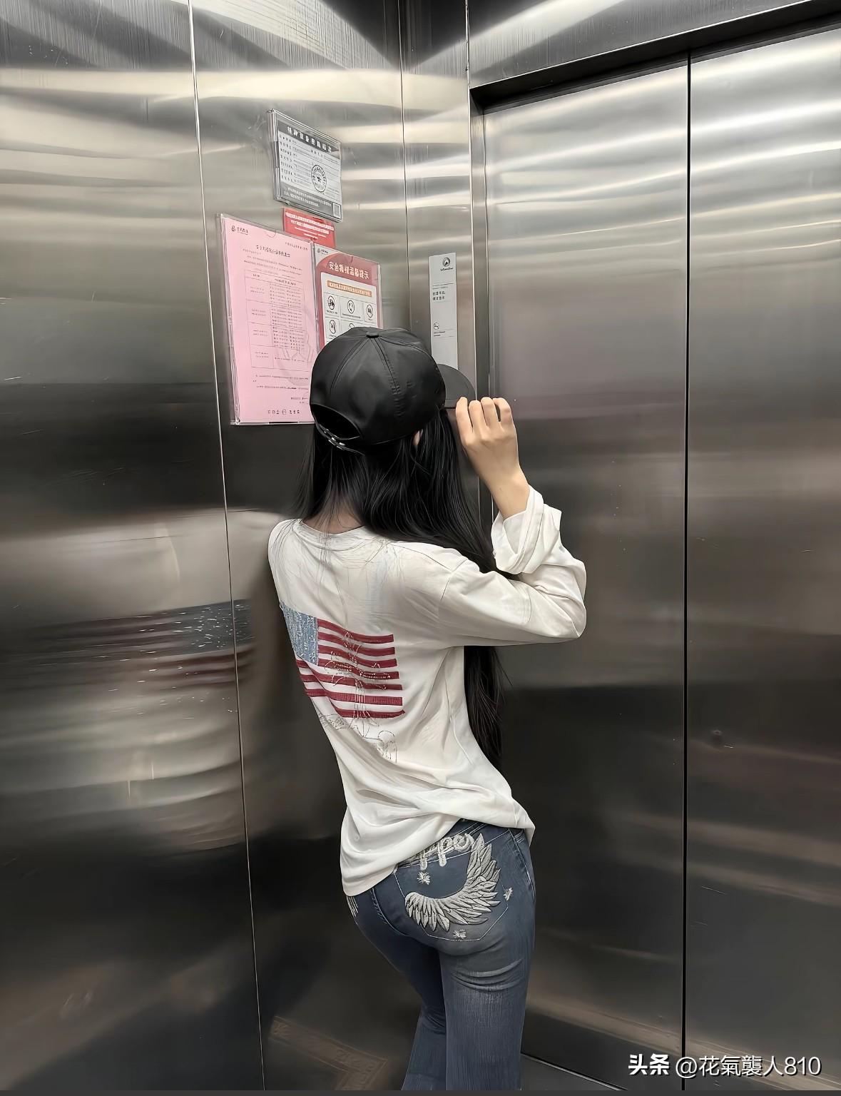 电梯里随手一拍，简单的长袖搭配翅膀牛仔裤，松弛又有辨识度。不必刻意转身，背影也可
