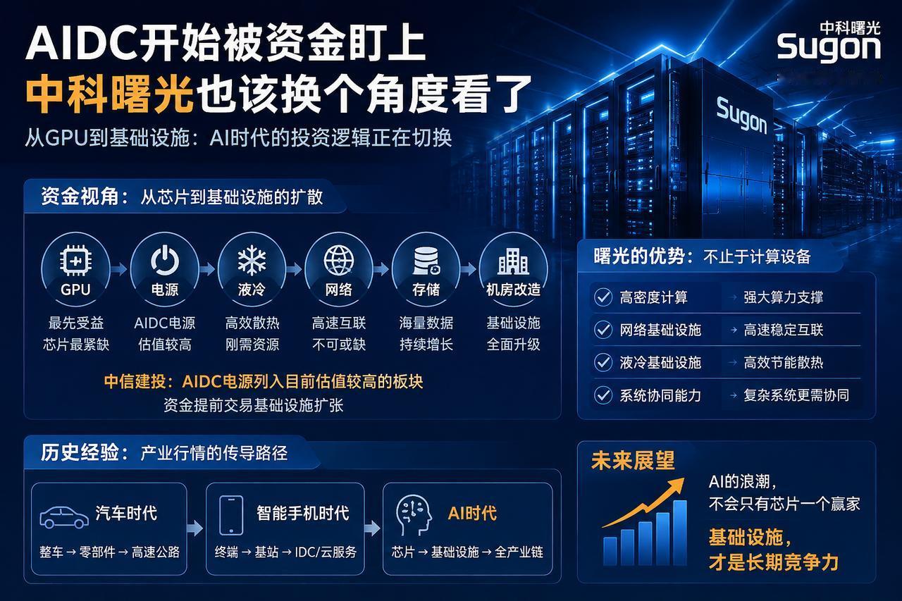 AIDC开始被资金盯上，中科曙光也该换个角度看了——
最早市场买的是GPU故事，