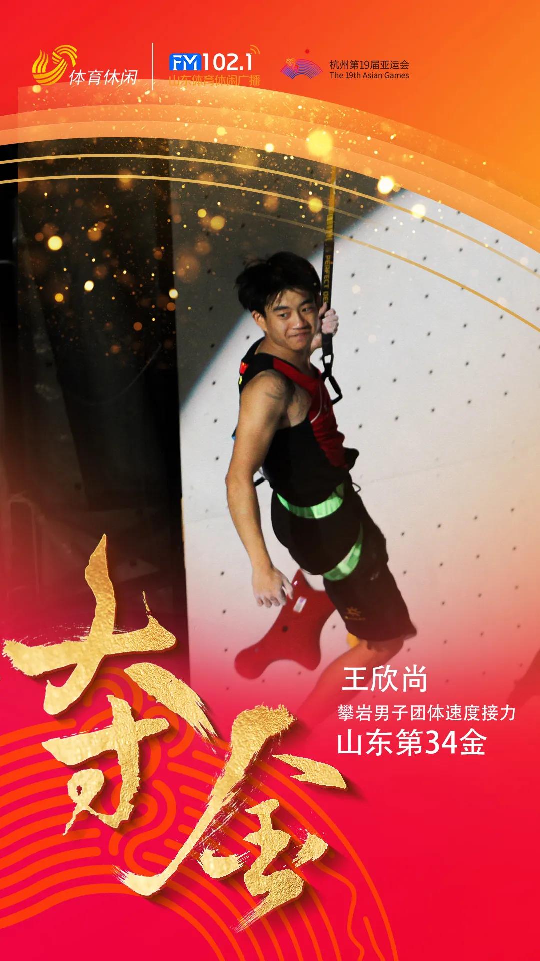 在刚刚结束的杭州亚运会攀岩男子团体速度接力决赛中，山东运动员王欣尚随中国队夺得冠