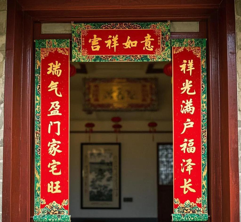 4 幅对联：
第一幅（通用类）
上联：瑞气盈门家宅旺
下联：祥光满户福泽长
横批