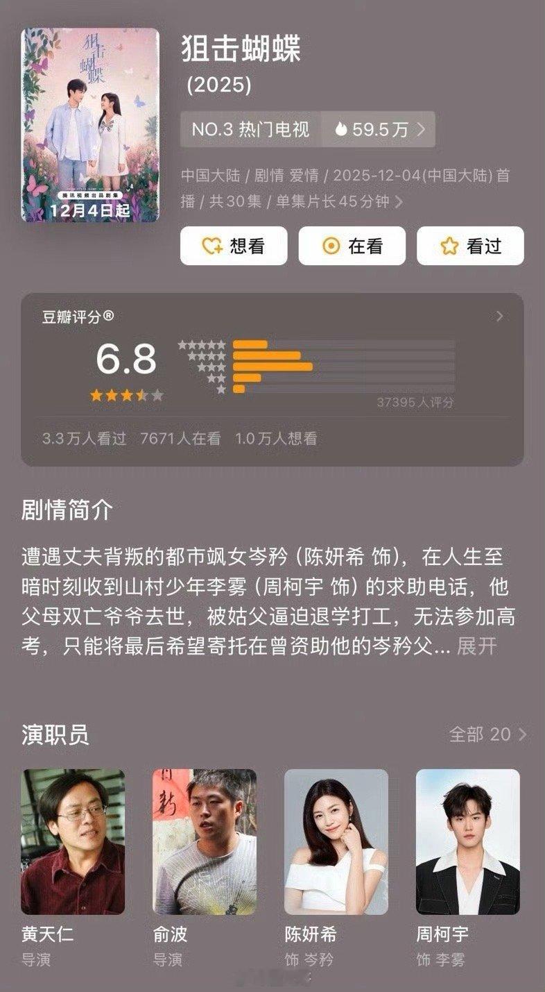 陈妍希周柯宇狙击蝴蝶开分电视剧《狙击蝴蝶》豆瓣终于开分了，新剧评分6.8，没长大
