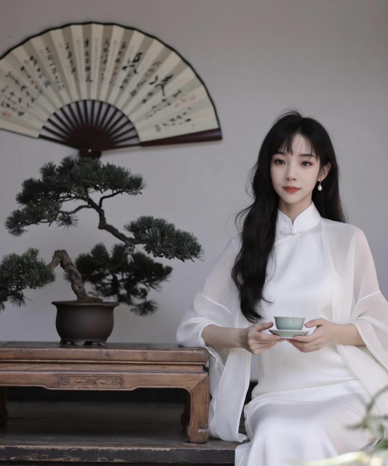 古风美人手持茶杯，静坐于古木旁，韵味悠长。