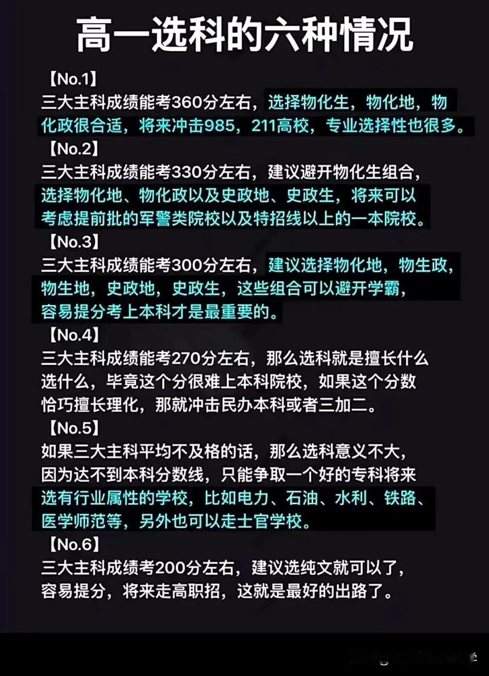 高一选科的六种情况，选错科努力白费！
第一种，学神，物化生，
第二种，学霸，物化