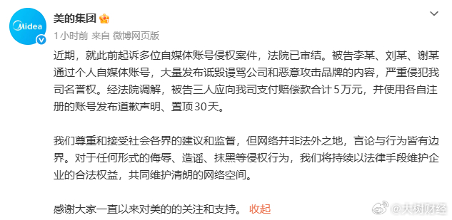 【3人诋毁美的合计赔偿5万元】5月22日，美的集团在社交媒体上发布一则案件审结通