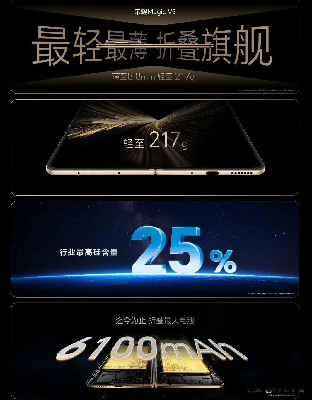 荣耀 magic  v5 折叠屏 8999 元起，号称最轻最薄的折叠旗舰。该手机