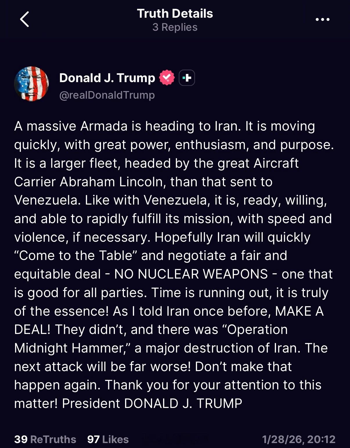 特朗普警告伊朗，时间不多了一支庞大的舰队正驶向伊朗，这支舰队行动迅速，气势磅礴，