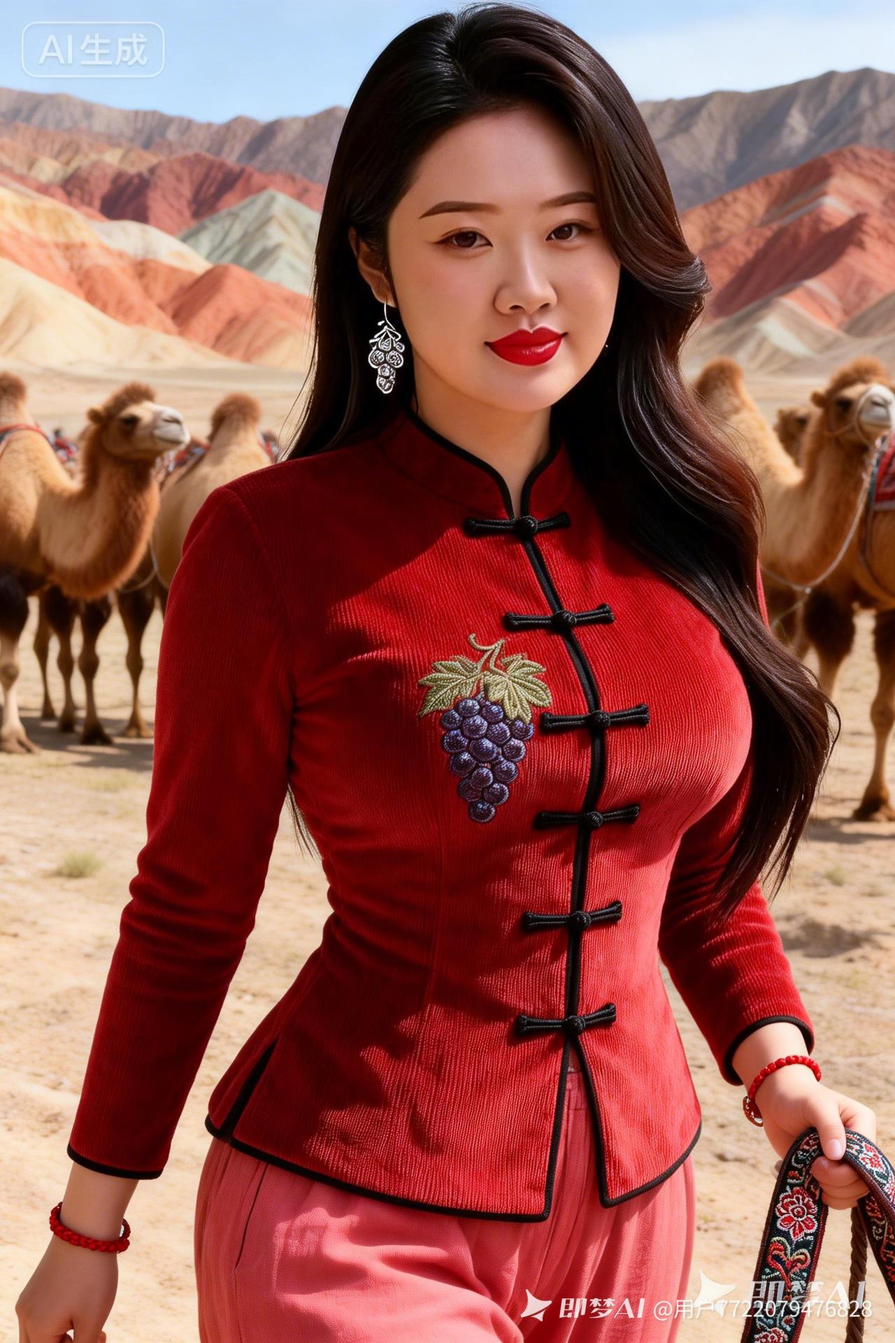 在沙漠中遇见东方美人，红衣配葡萄刺绣，惊艳了整个沙丘！🌵💄🏜️