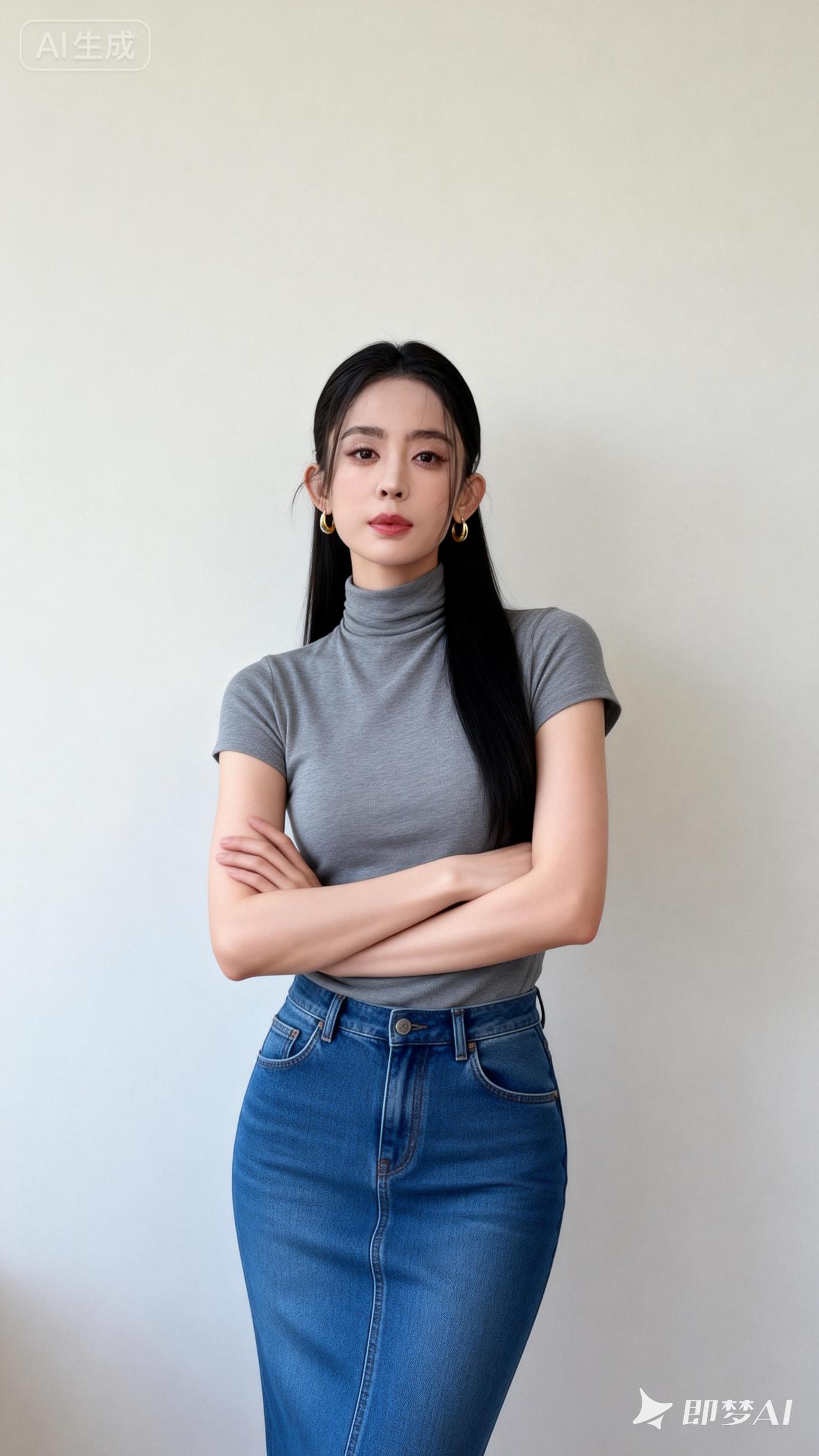 简约时尚穿搭，灰色高领衫搭配蓝色牛仔裤，尽显优雅气质。