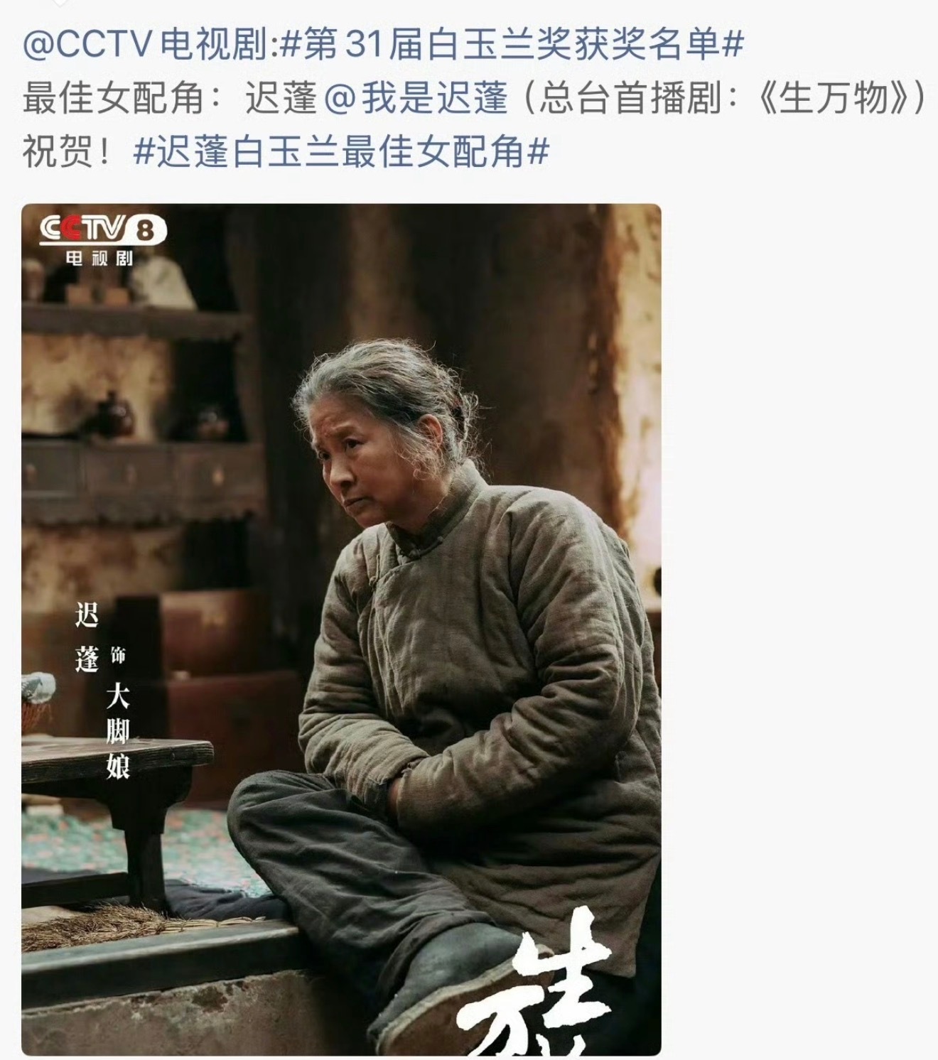 白玉兰最佳女配角奖是迟蓬《生万物》 那生万物最佳女主肯定没了 