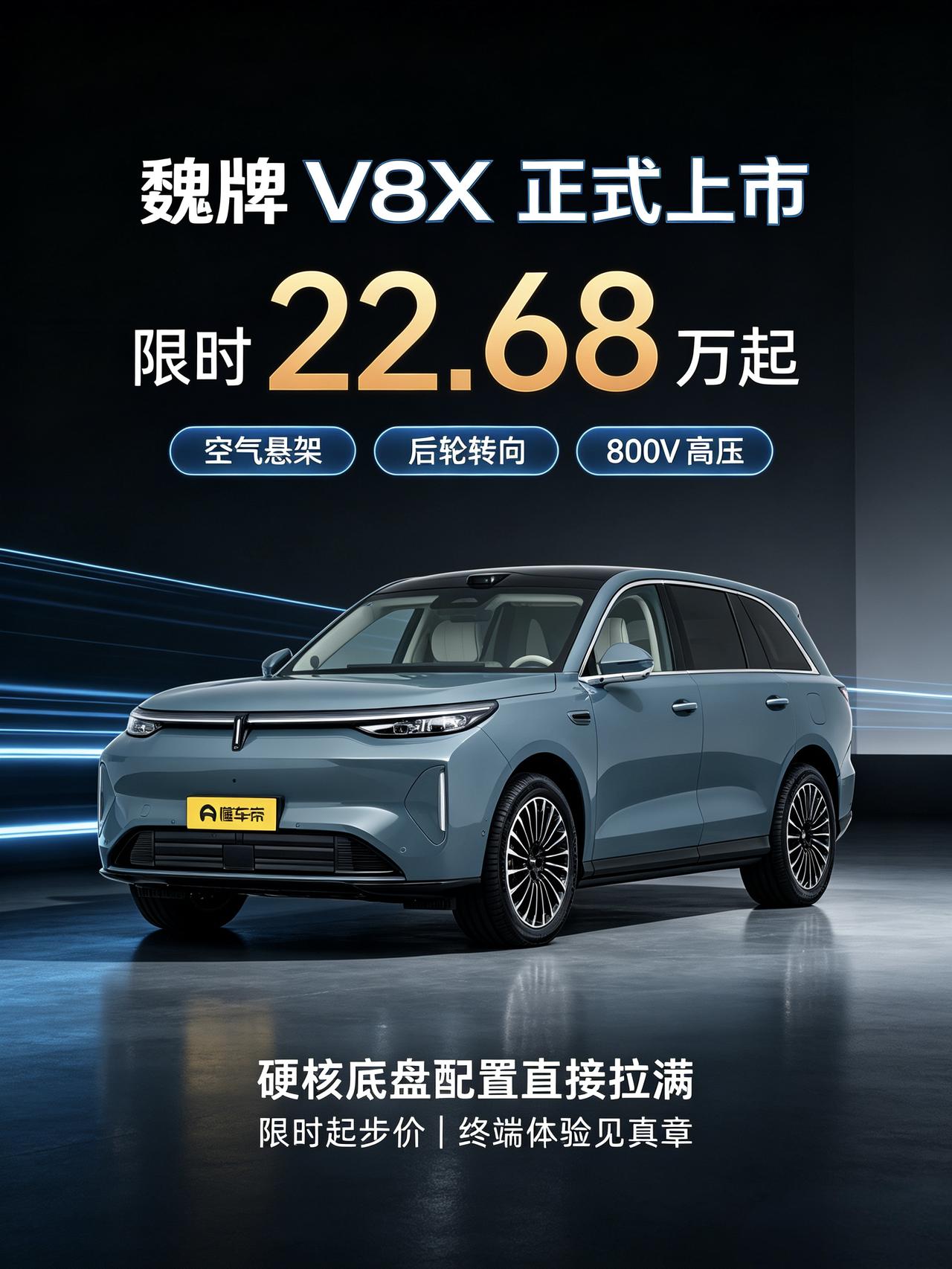 魏牌V8X正式上市，限时22.68万起。空气悬架、后轮转向、800V高压，硬核底
